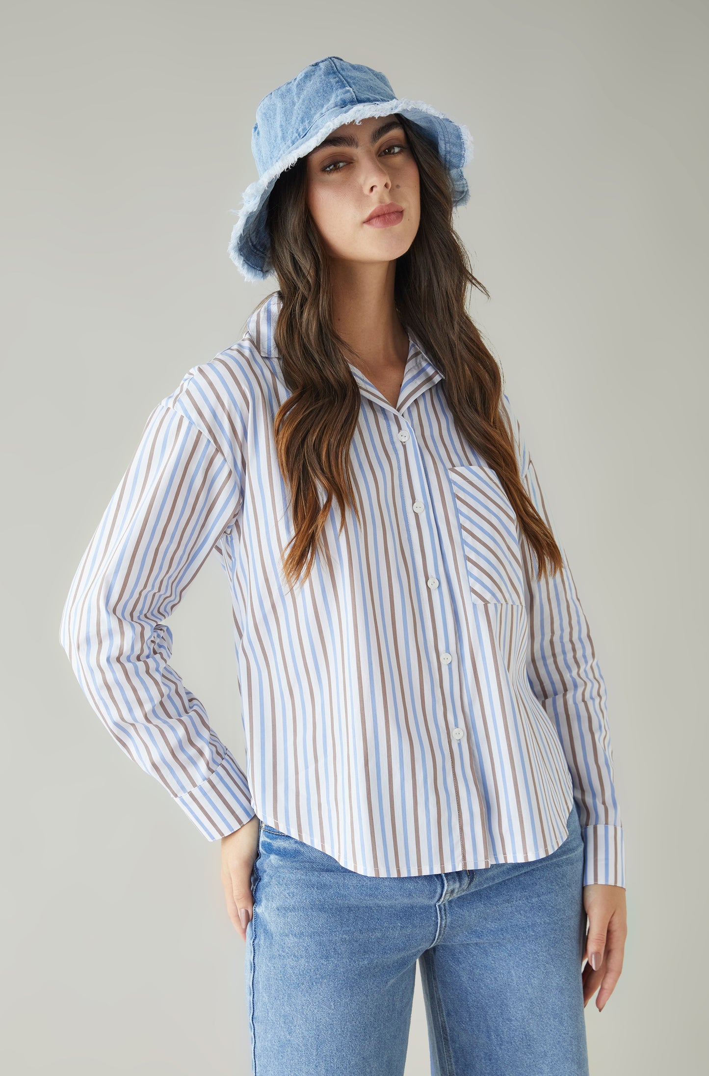 Blusa Denzel Rayas Cafe y Celeste