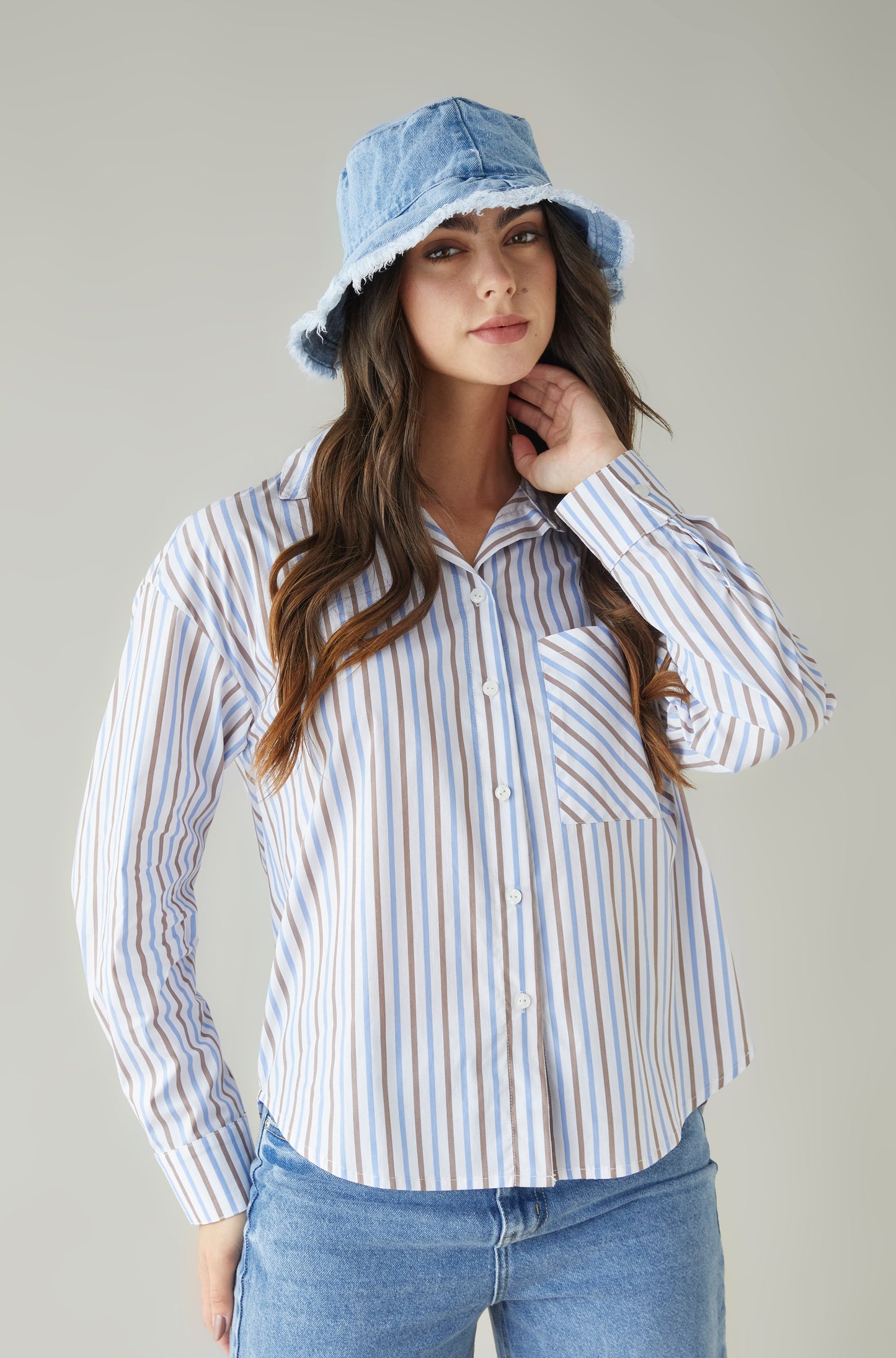Blusa Denzel Rayas Cafe y Celeste